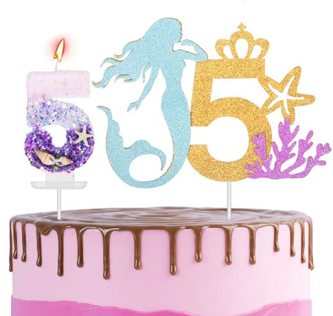 Mermaid 5th Birthday Cake Topper with Number Candle 5 Sparkling Candles Cake Decorations for Girls,Happy 5th Birthday Mermaid Theme Party Candles Cake Cupcake Topper for Girls Boys 5th Birthday