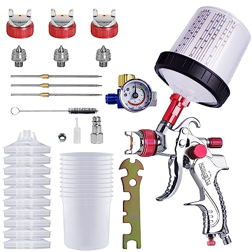 HVLP Pistolet pulvérisateur de Peinture avec 10 gobelets jetables de 600 ML et jauge de Pression, kit de Pistolet de pulvérisation de Voiture avec 3 Buses 1,4/1,7/2 mm et gobelet mélangeur (Rouge)