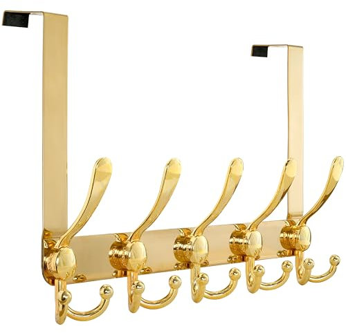 Dseap Over Door Hook 2.0 - Upgraded - Simple-Assembly, Strong, Heavy-Duty Stainless Steel 5-Tri-Hook Over The Door Hanger Rack, SimpleStrong Series, Gold