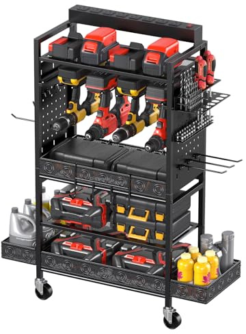 CCCEI Garage Power Tools Organizer Cart with Charging Station, Black Floor Standing Rolling Drill and Tools Battery Storage Cart on Wheels, Black Utility Rack Gift for Men, Husband, Father