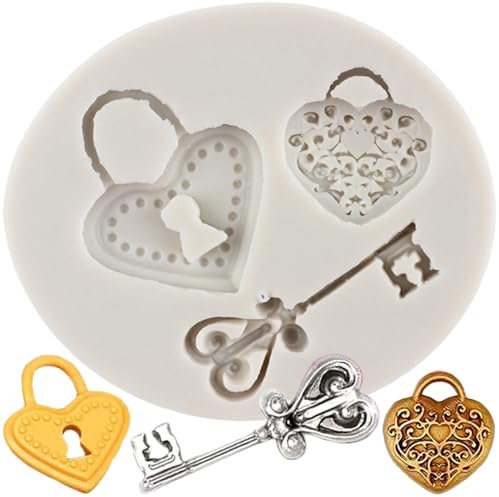 MINFEIDMS Vintage Key Fondant Moulds Heart Lock Silicone Chocolate Moulds Love Keys Candy Moulds for Sugar Cake Decorating Cupcake Topper Gum Paste Polymer Clay