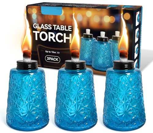 Öllampe, transparent, blau, Glas, Tischfackel, Citronella-Öllampen, Laterne mit 3 Dochten für Innen- und Außenbereich, Terrassendekor, 3 Stück