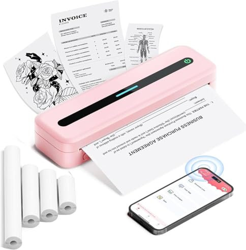 Tragbarer Thermodrucker, A4, kompatibel mit iOS/Android/Mac/Windows, iPhone Handy/iPad über Bluetooth, Laptop/PC über USB, ohne Tinte (Rosa, 1 Drucker + 4 Thermopapierrolle)