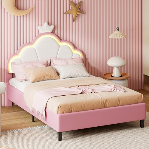KeepGoon Polsterbett 140x200,Kronen-Kinderbett,Doppelbett,LED Bett für Mädchen mit Lattenrost und Rückenlehne, Bettgestell mit Verstellbares Kopfteil,Samtkronenbett,Flaches Bett,rosa+weiße