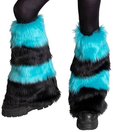 LYSINK Pelzige Beinstulpen für Damen, Kunstfell-Stiefel, Winter, warm, Pelzstiefel, Y2K, Pelz-Beinstulpen für Party-Kostüme, Ba Blau-Schwarz, One size