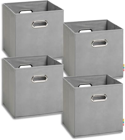 Storanda | 4er Set Aufbewahrungsbox 28x28x28 cm | Beiseitig Breite Griffe | Stabil & Faltbar | Regalbox für Würfelregal | Grau