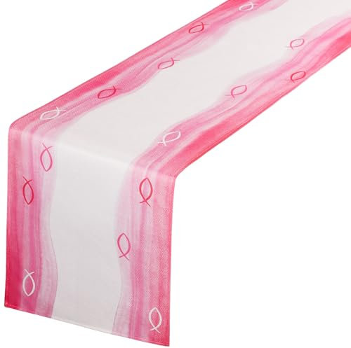 270 x 30 cm Tischläufer christlich Fisch für Taufe Kommunion Deko Läufer Leinenoptik Tischdecke Dekoration Konfirmation Tischband (Rosa)