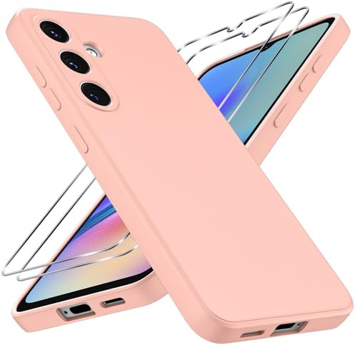 Coiwxmoi Coque pour Samsung Galaxy A05s avec 2 Pièces Verre Trempé, Ultra Mince Souple TPU Silicone Liquide Étui Protection Antichoc Anti-Rayures Bumper Housse pour Samsung A05s 6,7, Rose