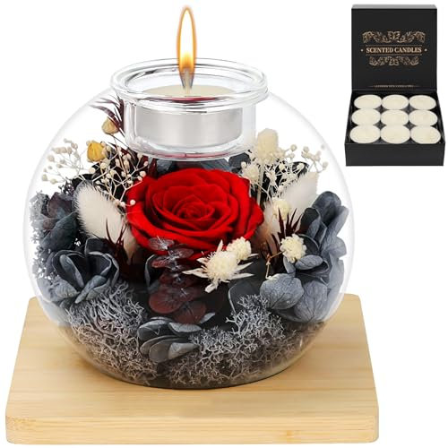 MestectPET Rosa Eterna in Vetro, Set di Rose Stabilizzate e Candele Profumate, Regalo di Compleanno per la Festa della Mamma San Valentino Anniversario Natale per Mamma Fidanzata Moglie Donna (Rosso)