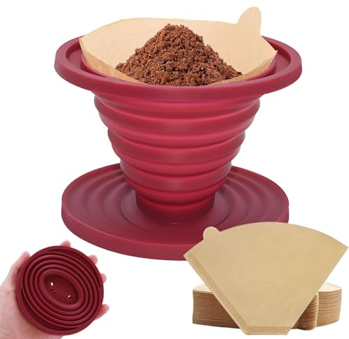 Faltbarer Kaffeefilter, Silikon Camping Kaffeefilter Faltbar, Kaffee Tropfer mit 50 Filterpapier, Wiederverwendbarer Kaffeefilterhalter, Tragbarer Coffee Filter Cone,für Zuhause, Camping (rot)