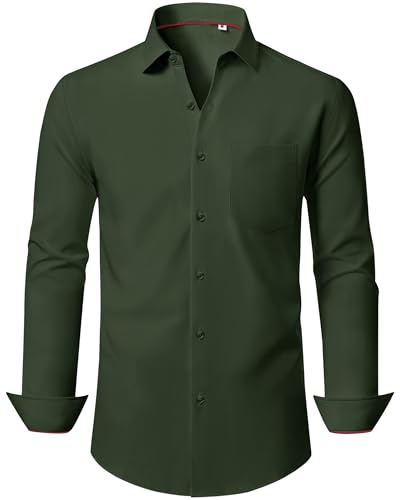 J.VER Shirts for Men Adult Long Sleeve Business Causal 4-Way Stretch Shirt Non Iron Work Party Shirt with Pocket Dark Green M