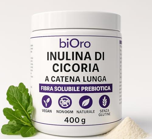 biOro Inulina di Cicoria a Catena Lunga in Polvere 400g | Fibra Prebiotica Naturale ad Alto Contenuto di Fibre | Solubile e Dal Gusto Neutro | Per Bevande, Yogurt, Smoothie e Preparazioni da Forno