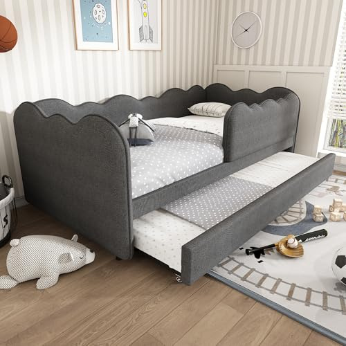 Soweiz Polsterbett Daybett Kinderbett 90x190cm,Tagesbett Schlafsofa mit Ausziehbett 90x190cm, Kinderbett mit Lattenrost, Leinen, ohne Matratze (AB20582829P)