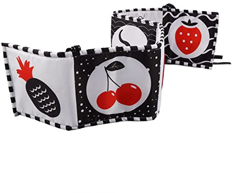 HUSHUI Baby-Tuch-Buch, Schwarz-Weiß-Softbook mit Hohem Kontrast für die Früher Ziehung mit Spaß-Spiegel, Übung Hand-Auge-Koordination, Tragbar für Krippe und Reisen, 32,3x5,3 Zoll (Obst)