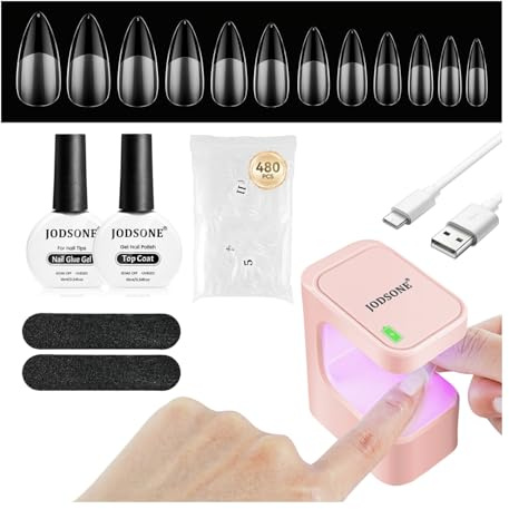 JODSONE Kit de manucure avec lampe UV LED portable - 480 capsules transparentes longues en forme d'amande, gel à séchage rapide, colle et top coat, idéal pour les débutants et le nail art DIY