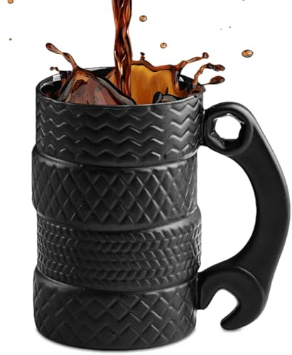 ZONSUSE Creative Tire Mug, 3D Tire Coffee Cup, Novel Mechanical Style Breakfast Cup, Funny Gift for Men Women Colleagues Friend Husband Birthday Holiday 500ml (with Curved Wrench Handle)
