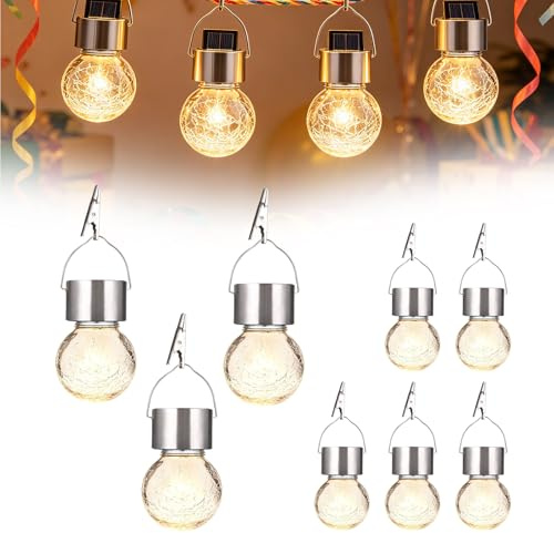 8 Stück Solar-Hängeleuchten für außen: LED Glühbirnen Lichterkette in Bruchglas-Optik, Wetterfeste Solar LED Hängeleuchten für außen, Garten, Weihnachtsdeko, Hof, Zaun, Baum (warmweiß)