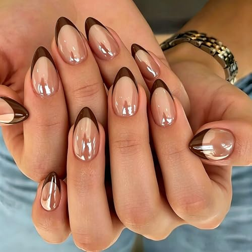 KQueenest Chrome Braun Press on Nails Kurz Mandel, Glänzend Glitzer Nägel zum Aufkleben French, Glasiert Niedlich Fake Nails mit Sparkle Spiegel Design, French Nails Künstliche Nägel 30 Stück
