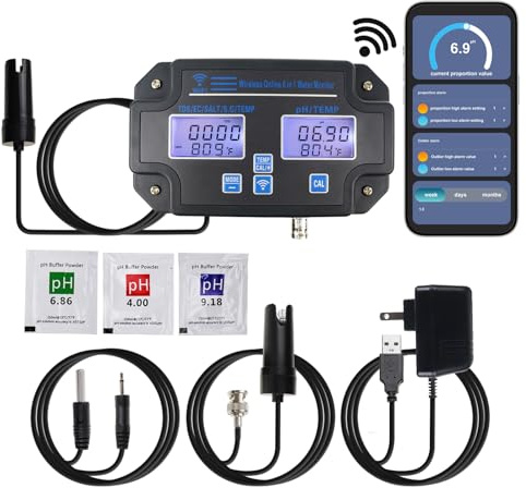 6-in-1 Smart Water Quality Tester – WiFi/App Monitor für pH, EC, TDS, Temp, SG & Salz Echtzeit-Alarme Ideal für Hydroponik, Aquarien, Pools & Trinkwasser