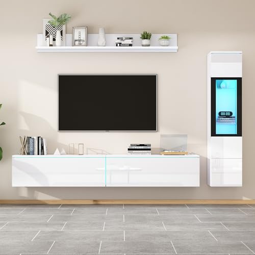 Goldicoo Ensemble de 3 meubles TV muraux avec éclairage LED, blanc brillant, panneau de particules, moderne, salon, autoportant, armoire TV, vitrine
