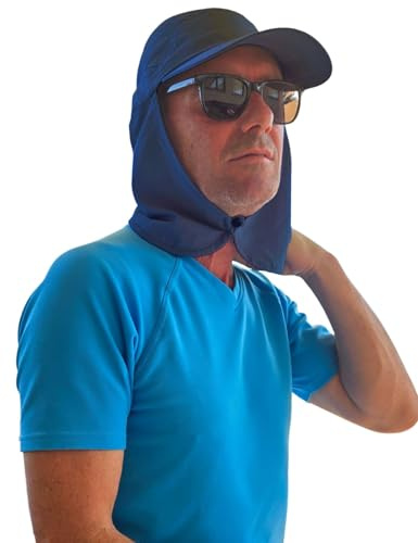 iQ-UV Schutz Kappe mit Nackenschutz Unisex Blau 55-61cm – Sonnenschutz Kappe UPF 50+ Tüv geprüft – Atmungsaktive Cap für Herren & Damen
