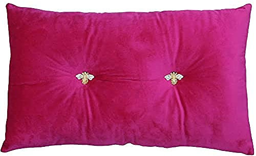 Bumble Rectangular Bee Scatter Cushion - Fuchsia Pink - Faux Velvet Look and Feel - Jewelled Metal Bee Buttons - Polyfilled - 100% Polyester - 30 x 50cm (12 x 20 inches) - Made by Riva Paoletti