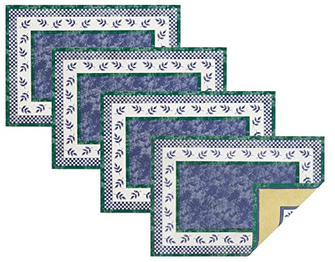 Villeroy and Boch Leaf and Check Cotton Fabric Reversible Placemat (Set of 4), 14x20, Multi