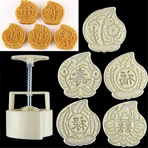6/LET Mid Autumn Festival Mondkuchen Form, Hand Druck Maker Backform + 5 Pfirsich Modus Briefmarken Kolben-Set, Kunststoff Cookies Ausstecher Mond Kuchen Form, Küche DIY Backen Dekorieren Tools