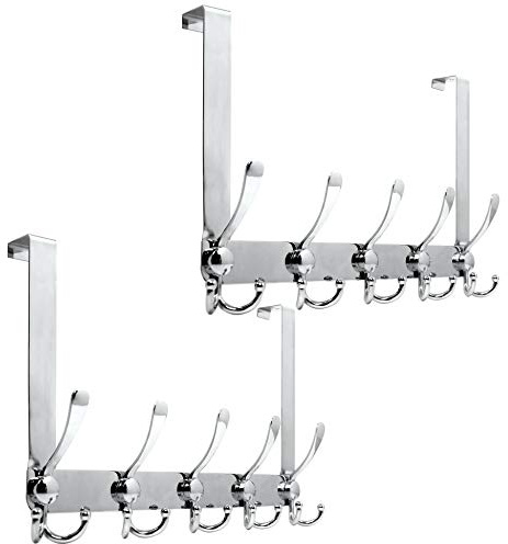 WEBI Over The Door Hook Rack with 5 Tri Hooks for Hanging Coats,Over Door Hanger Coat Rack Over Door Towel Rack Towel Hanger for Behind Back of Bathroom,Silver,2 Packs