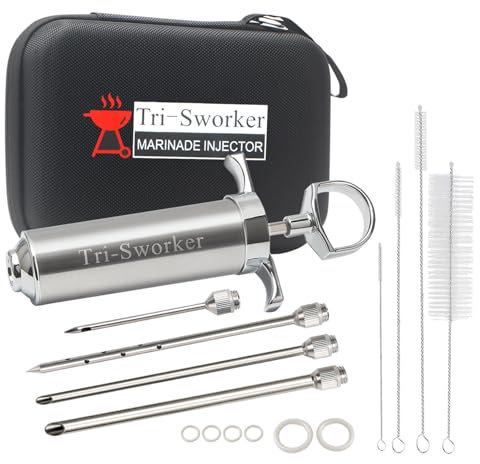 TriSworker FleischInjektorSet für Smoker mit Koffer und 4 AromaSpritzennadeln, ideal zum Einspritzen von Marinade in die Truthahn, Fleisch, Brisket; 57 g; inkl. Papier und EBook (PDF)