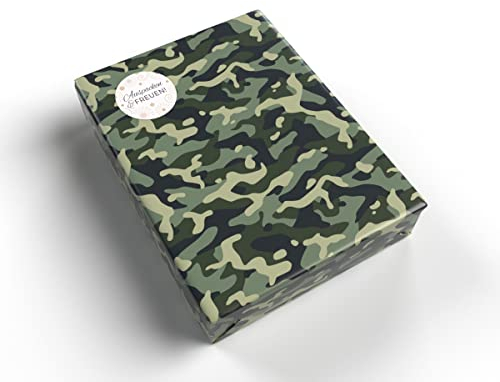 Geschenkpapier für Männer Military grün Camouflage Camo design Geschenkpapier für kleine Geschenke für Geburtstag Weihnachten (5 Bögen + 5 Aufkleber Blumen + 18 Verschlusspunkte)