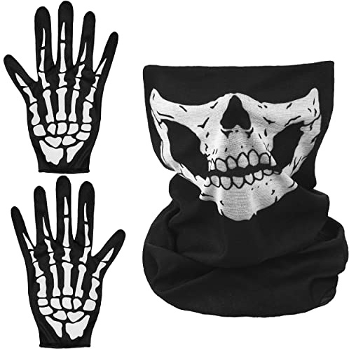 Balinco Skelett Kostüm Set, Skelettmaske und Handschuhe, Totenkopf Maske Stoff, Knochen Handschuhe, Halloween Accessoires, Karneval Sensemann Zubehör