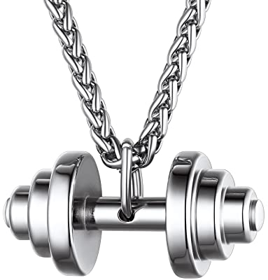 U7 Krafttraining Hantel Anhänger Halskette Herren Edelstahl Kurzhantel Silberkette 55+5cm Weizenkette Sport Fitness Dumbbell Pendant Necklace Men Barbell Hip Hop Modeschmuck für Sportler