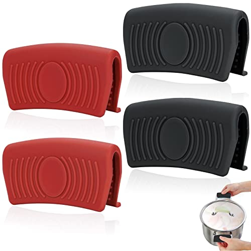 Lot de 4 poignées de maniques en silicone - Clip de poignée en silicone - Isolation thermique - Protection des doigts - Pour la cuisine (rouge et noir)