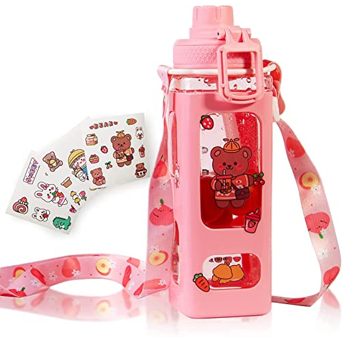 ZRHXG Kawaii Botella de agua cuadrada, de plástico, con pajita y correa para el hombro, botella de agua, jarra de agua portátil a prueba de fugas, para niñas bonitas, escuela (rosa-700 ml)