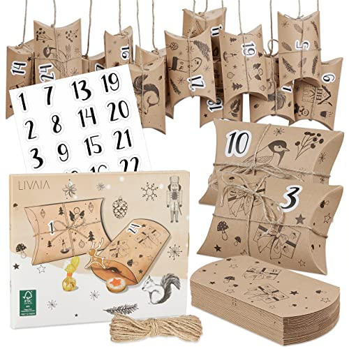 Adventskalender zum Befüllen: DIY Adventskalender 2025 - Papiertaschen klein, Zahlen Sticker - Adventskalender Selber Basteln - LIVAIA Geschenk Set