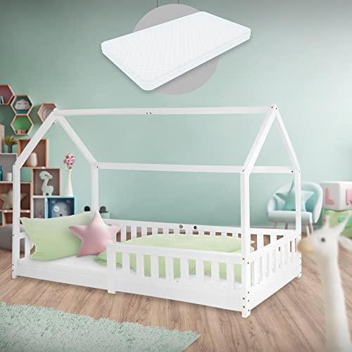 ML-Design Letto a Casetta per Bambini 90 x 200 cm Bianco, in Legno di Pino, Struttura con Protezione Anticaduta, Lettino a Terra Montessori con Materasso da 10 cm in Schiuma Fredda per Cameretta