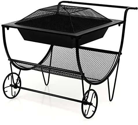GOPLUS Feuerstelle Brennholzregal, quadratischer Feuertisch Brennholzhalter für den Außenbereich mit Funkenschutz Rädern großem Griff robustem Metallrahmen, tragbares Feuerstellen-Set (Modell 1)
