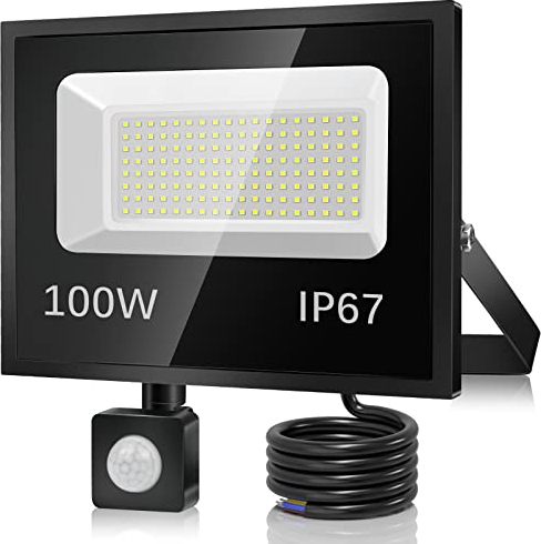 100W LED Strahler mit Bewegungsmelder Außen, 10000LM 7000K LED Fluter mit Bewegungsmelder Außenstrahler Scheinwerfer, IP67 Wasserdicht LED Flutlicht für Lager, Garten, Garage, Hof, Parkplatz