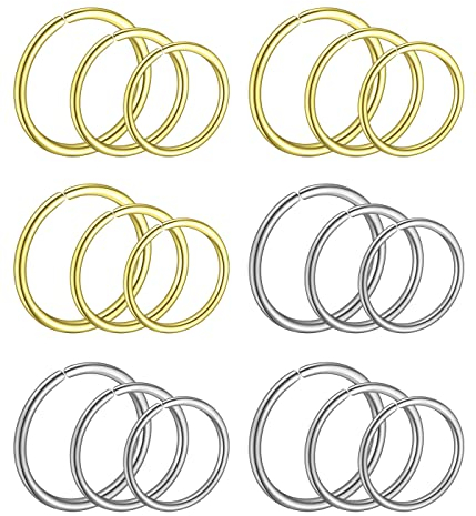 IUDWCG 12 Stück Edelstahl Nasenring Ring nahtlose runde Ohrringe durchbohrte Ohrringe Schmuck 3 Größen (Gold, Silber)