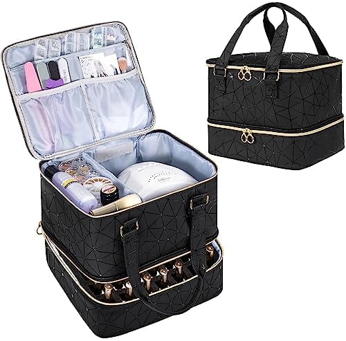 Uross Nagellack Aufbewahrung Kosmetik Organizer für 42 Nagellackflaschen und 1 LED-Nagellampe, Nagellack Aufbewahrung Tasche für Nageldesign Zubehör(Schwarz