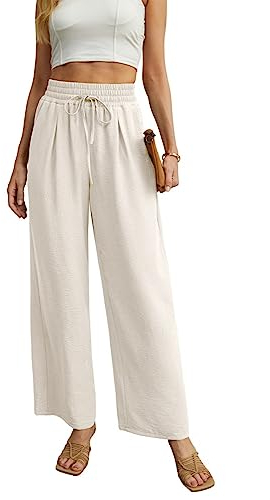 QIXING Weite Hosen Damen High Waist Palazzo Hose Gerade mit Taschen Yoga Stoffhose Damen Elegant Sommer Damenhose mit Gummizug (Elfenbein, XXL)