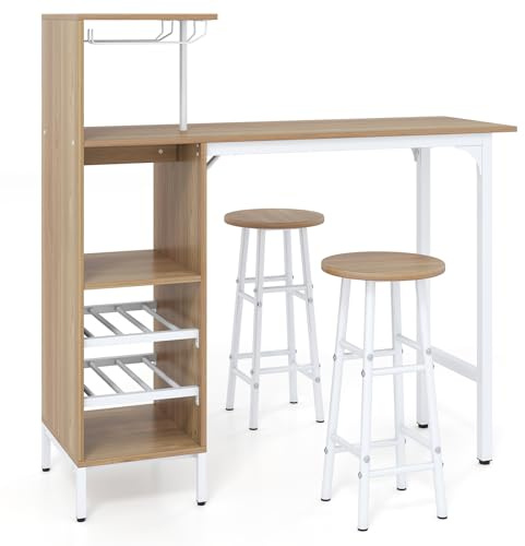COSTWAY Juego de 3 Piezas Mesa y Sillas de Bar, Mesa y Taburetes Industriales con Soportes para Copas de Vino y Estantes para 6 Botellas de Vino, Juego de Mesa para Comedor Cocina (Natural)