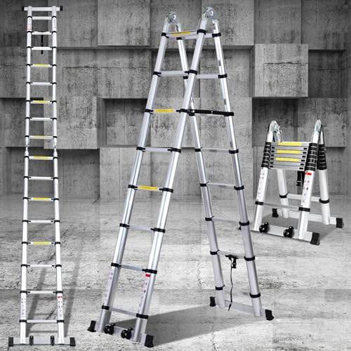 Eulenke teleskopleiter klappleiter 2,5M+2,5M aluleiter 8+8 Stufen Stehleiter Klappleiter, 150 kg Belastbarkeit, Teleskop Ausziehleiter Haushaltsleiter, Multifunktionsleiter, Silber