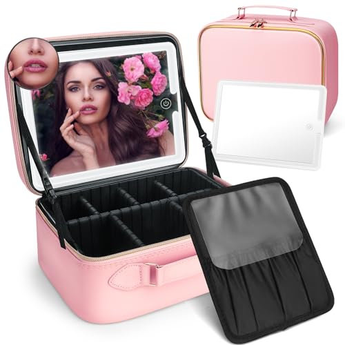 YDHZ Makeup Bag with Led Mirror, Travel Makeup Bag Organizer Cosmetic Bag with 3 Color Light Adjustable Brightness Make Up Bag Train Case Portable Makeup Box Brushes Storage Bag Pink, Pink
