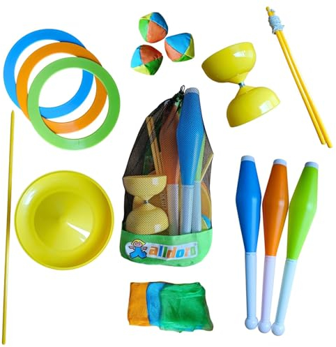 alldoro 60130 Set de jonglage en Sac à Dos - 16 pièces - avec Diabolo pour Enfants à partir de 3 Ans et débutants, Multicolore