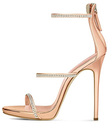 THOYBMO Tacchi Alti a Tre Cinturini Donne Open Toe Strappy Stiletto Oro Strass Cinturino Alla Caviglia Fibbia Tacco Alto Sandalo Data Scarpe Eleganti Tacco Alto 12 CM, Rose Gold,37