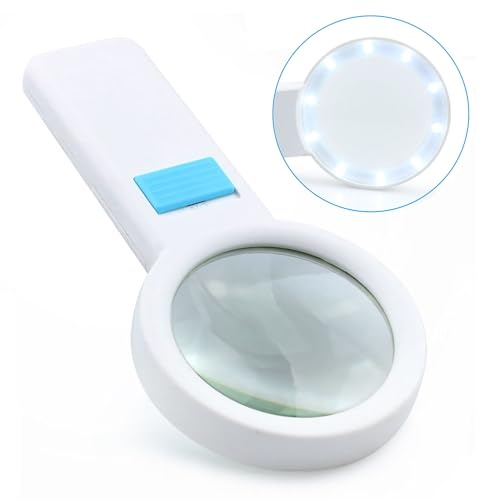 SHUBEIEUMI Lupe mit Licht, 5X Leselupe mit 10 LEDs, Beleuchtete Vergrößerungsglas, Leselupe mit Licht für Senioren Groß, Handlupe mit Licht für Lesen, Inspektion, Münzen, Schmuck (Weiß)