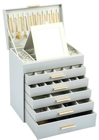 BOOVO Schmuckkästchen für Damen, weiß und schwarz, 6-lagig, große Schmuckschatulle für Halskette, Armband, Ohrringe, Ringe, Schmuckhalter, Organizer für Mädchen, Geschenk (Grau und Gold, 6 Ebenen)