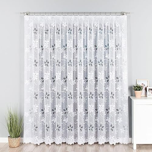 Gardinen Vorhangen Weiß 500x250 cm (BxH) Atorno Lang Jacquard Gardinen mit Kräuselband Scheibengardine Wohnzimmer Florales Motiv Küchengardinen Stores Gardinenschals Wohnzimmer